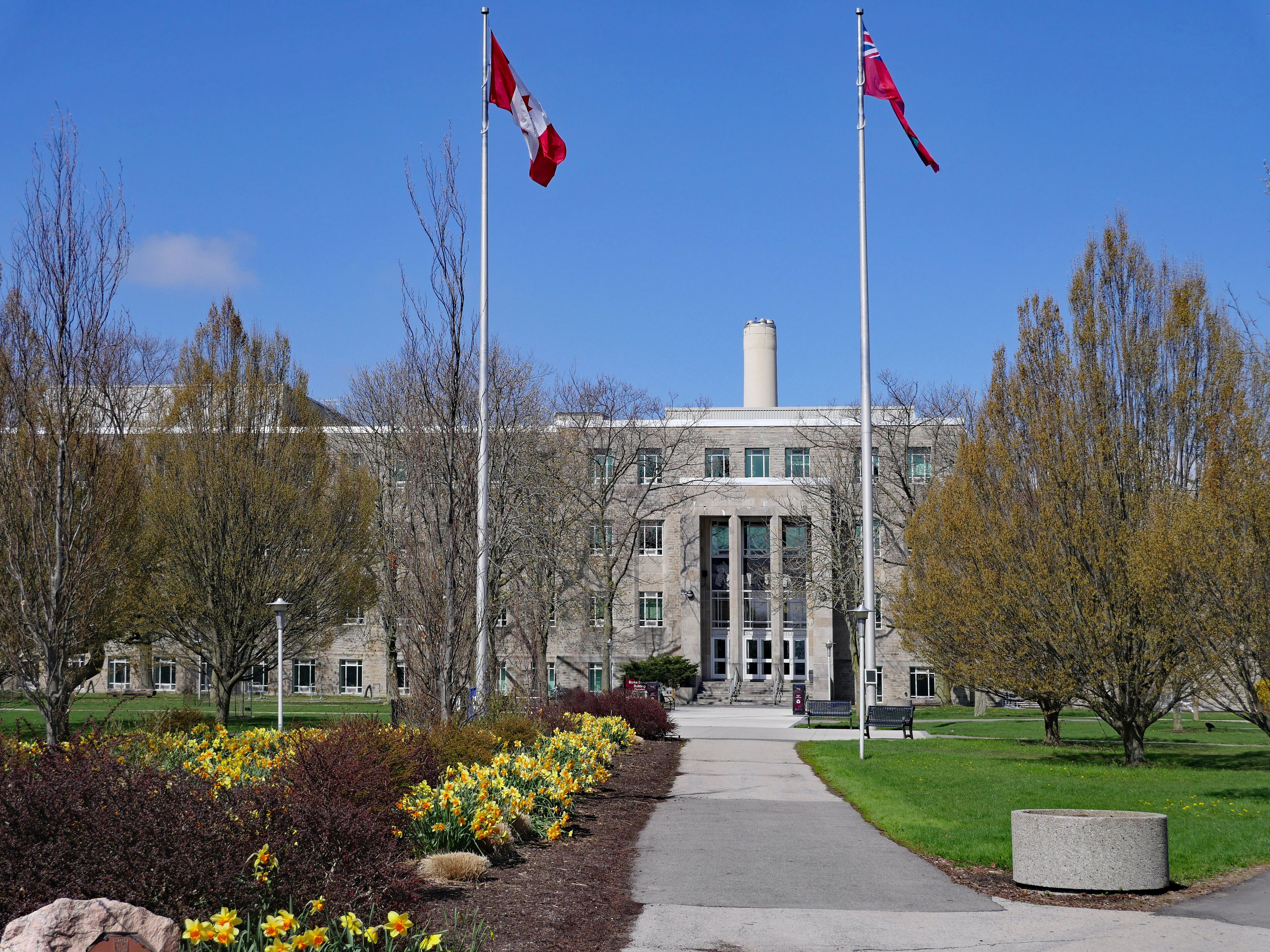 HAMILTON, CANADA - MAY 2019: The campus of McMaster University, with the path leading to the main science building.