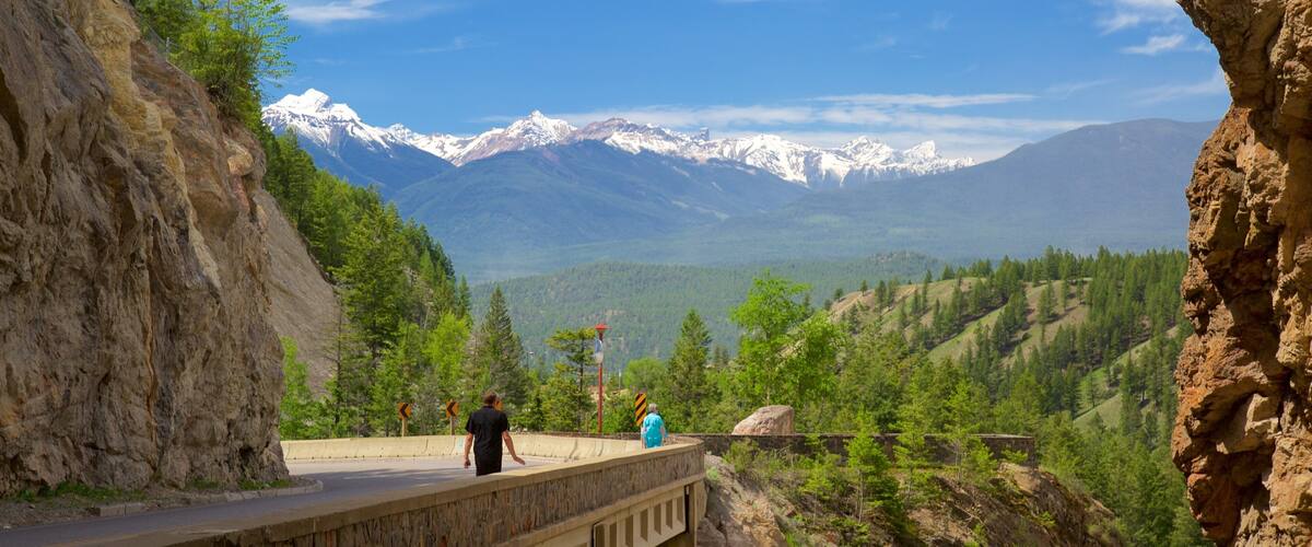A stone bridge over a canyon with a view of snow-capped mountains in the distance.