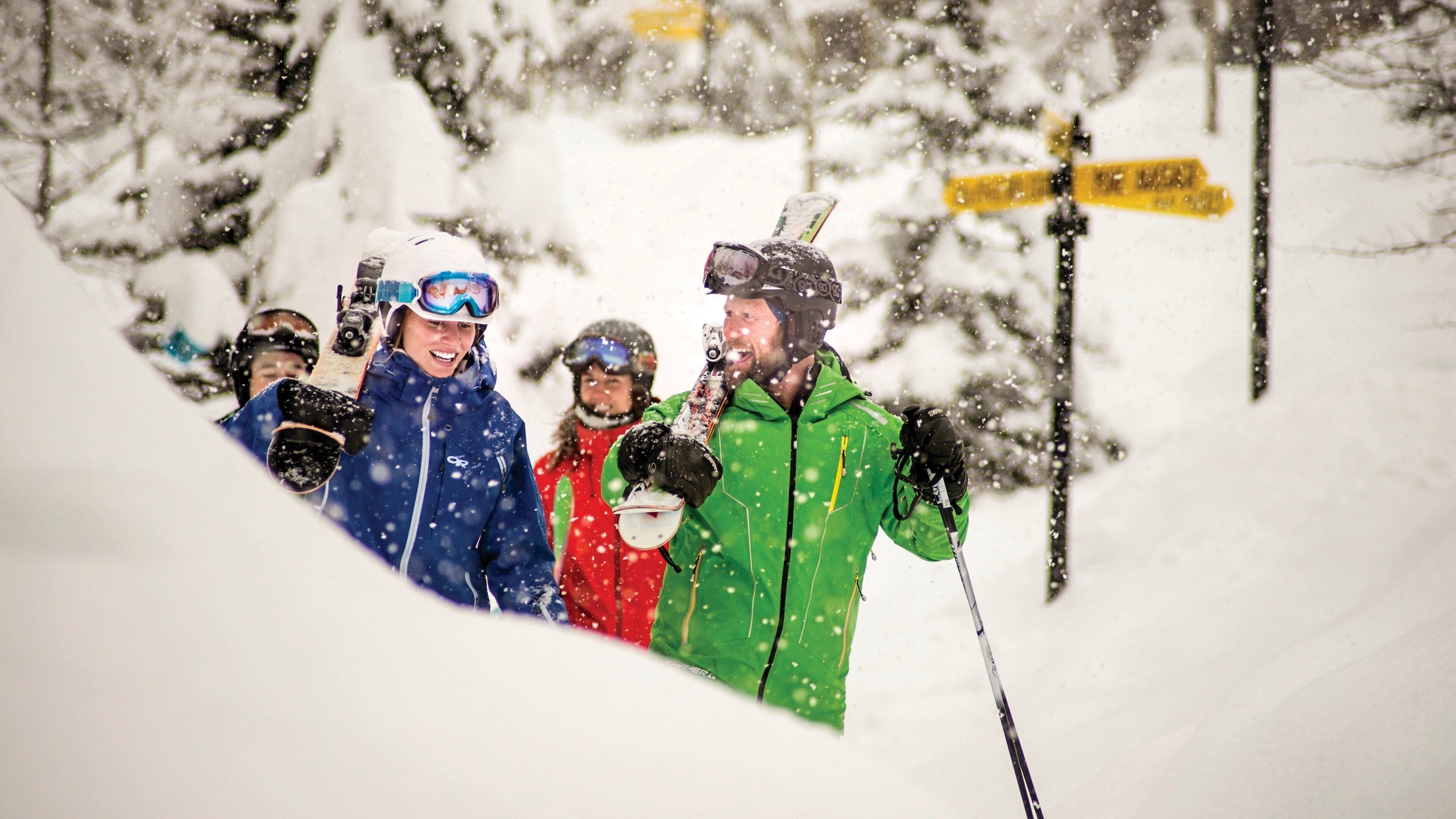 Panorama Mountain Ski Area featuring snow shoeing and snow as well as a small group of people