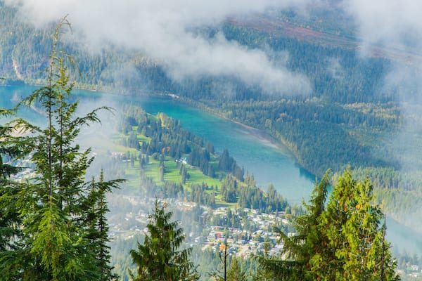 A mountainous landscape with a lake, forested areas, and a small town.