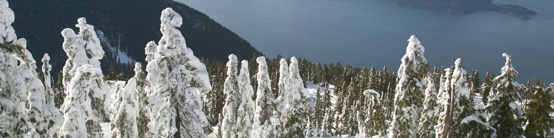 A snow-covered mountain landscape with a lake and distant mountains.