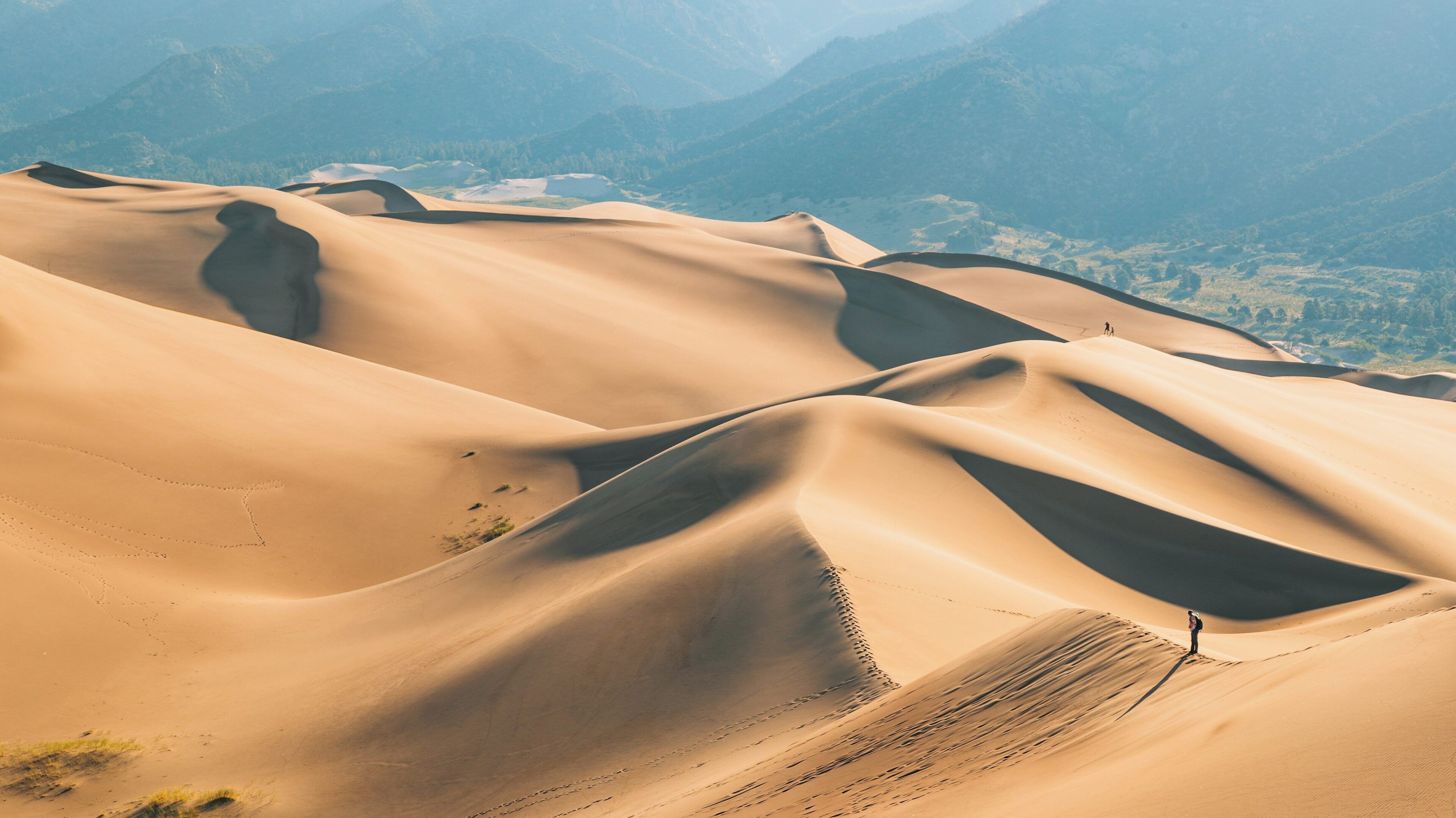 Stunning view of rolling sand dunes in Great Sand Dunes National Park, located in Mosca, Colorado, surrounded by majestic mountains on a clear day