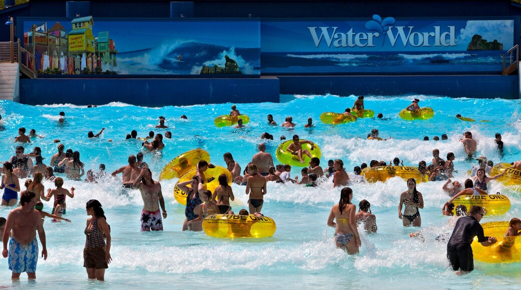 Water World showing waves and a waterpark as well as a large group of people