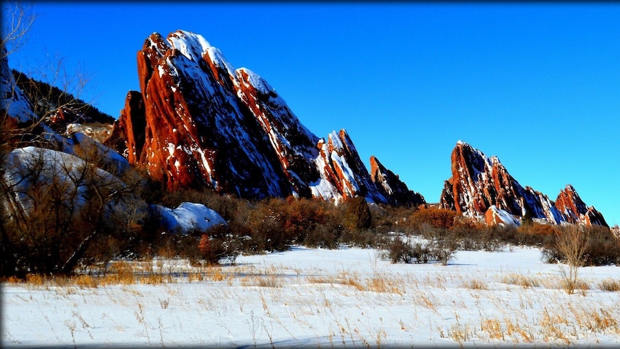 #BestOf5
This park is completely breathtaking year round. There are different paths with varying difficulties.The gorgeous red rock formations jut out all around you, making for an enchanting hike. A seven dollar entrance fee for the day, and no dogs allowed. Well worth the very short drive up from Denver.
The stark contrast of the red rocks and the white snow makes for a colorful hike.