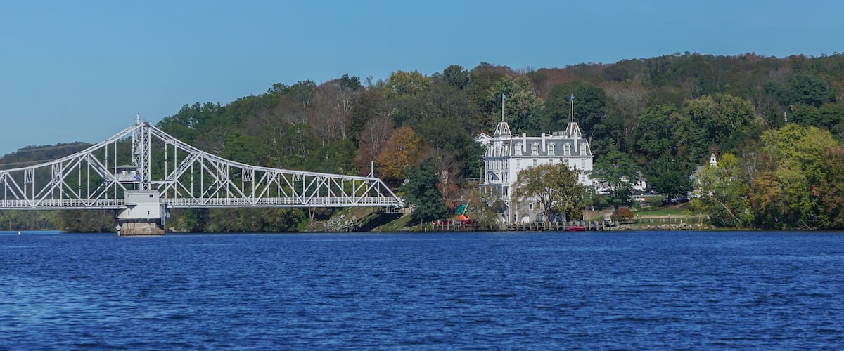 The East Haddam Bridge, over the Connecticut River, with the Goodspeed Opera House on the right.
