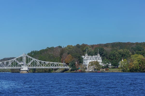 The East Haddam Bridge, over the Connecticut River, with the Goodspeed Opera House on the right.