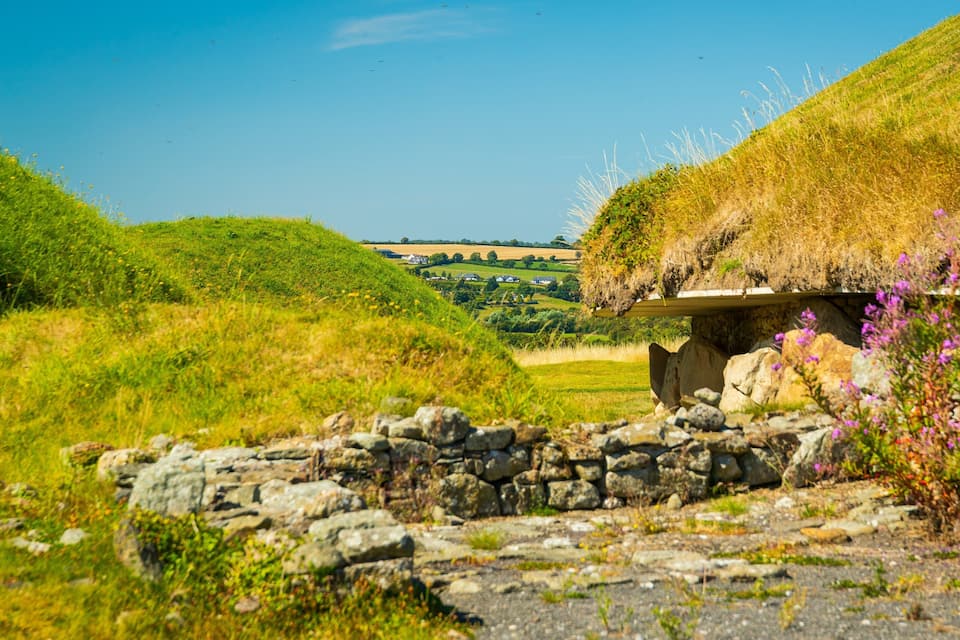A stone bridge over a stream, surrounded by grassy hills and purple flowers.