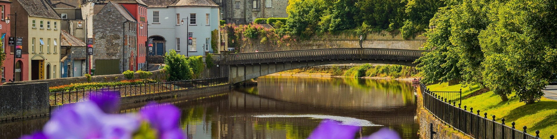 Kilkenny Castle which includes flowers, a river or creek and a small town or village