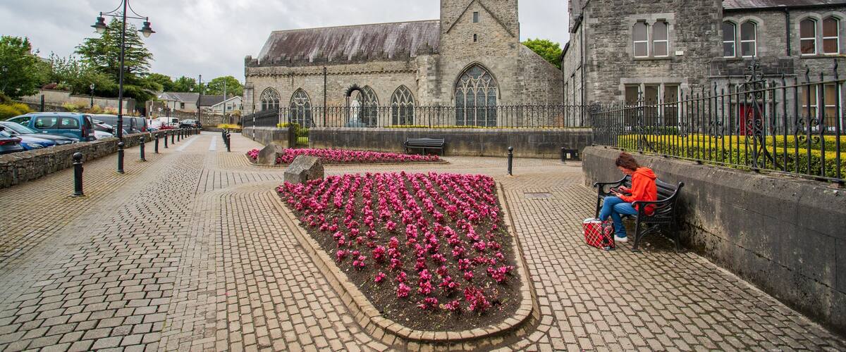 Black Abbey showing heritage architecture and flowers
