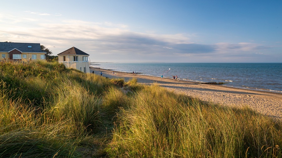 A coastal landscape with a beach, grassy dunes, and houses near the water.