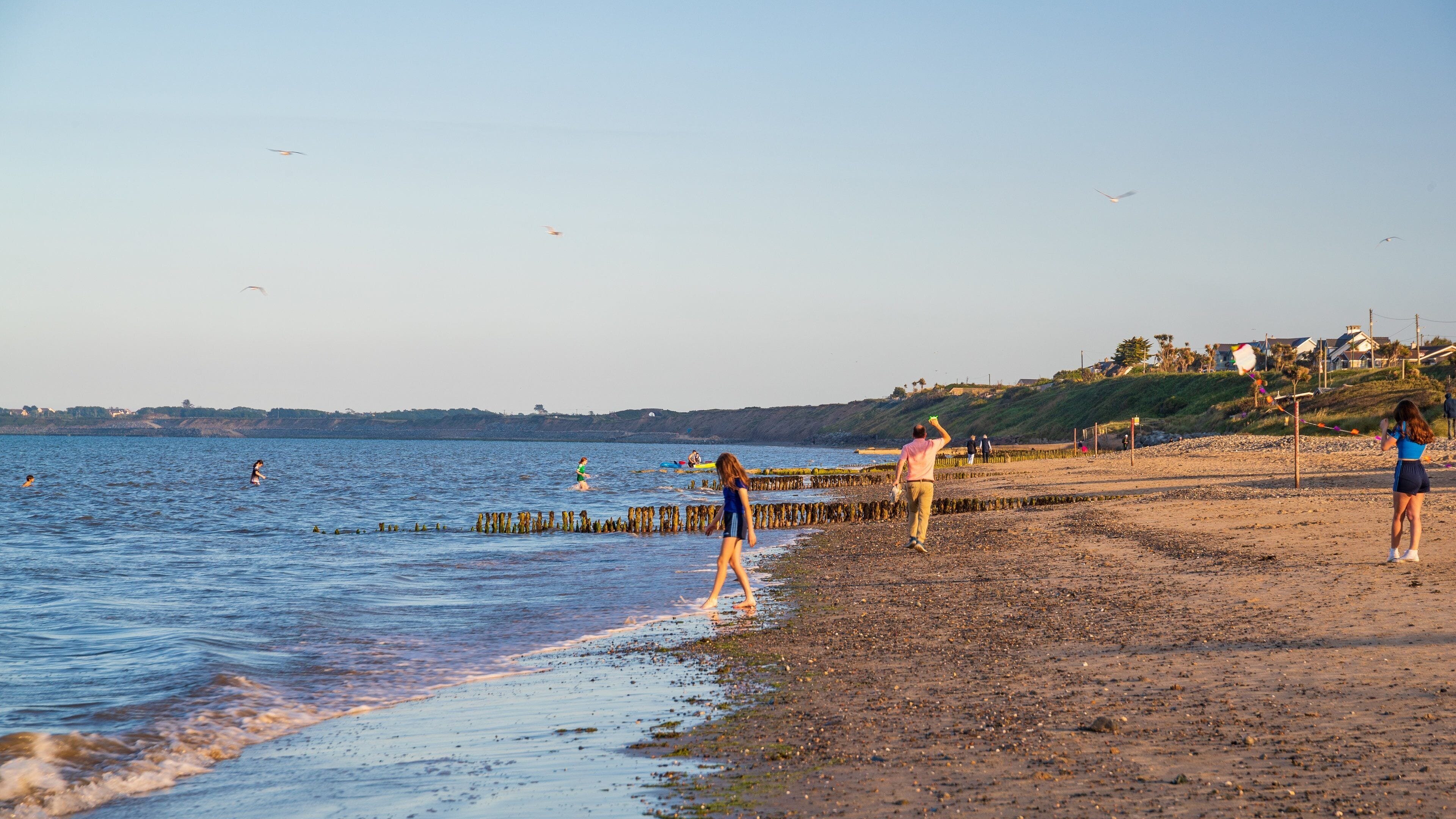 A beach with people flying kites, a rocky shoreline, and houses in the background.