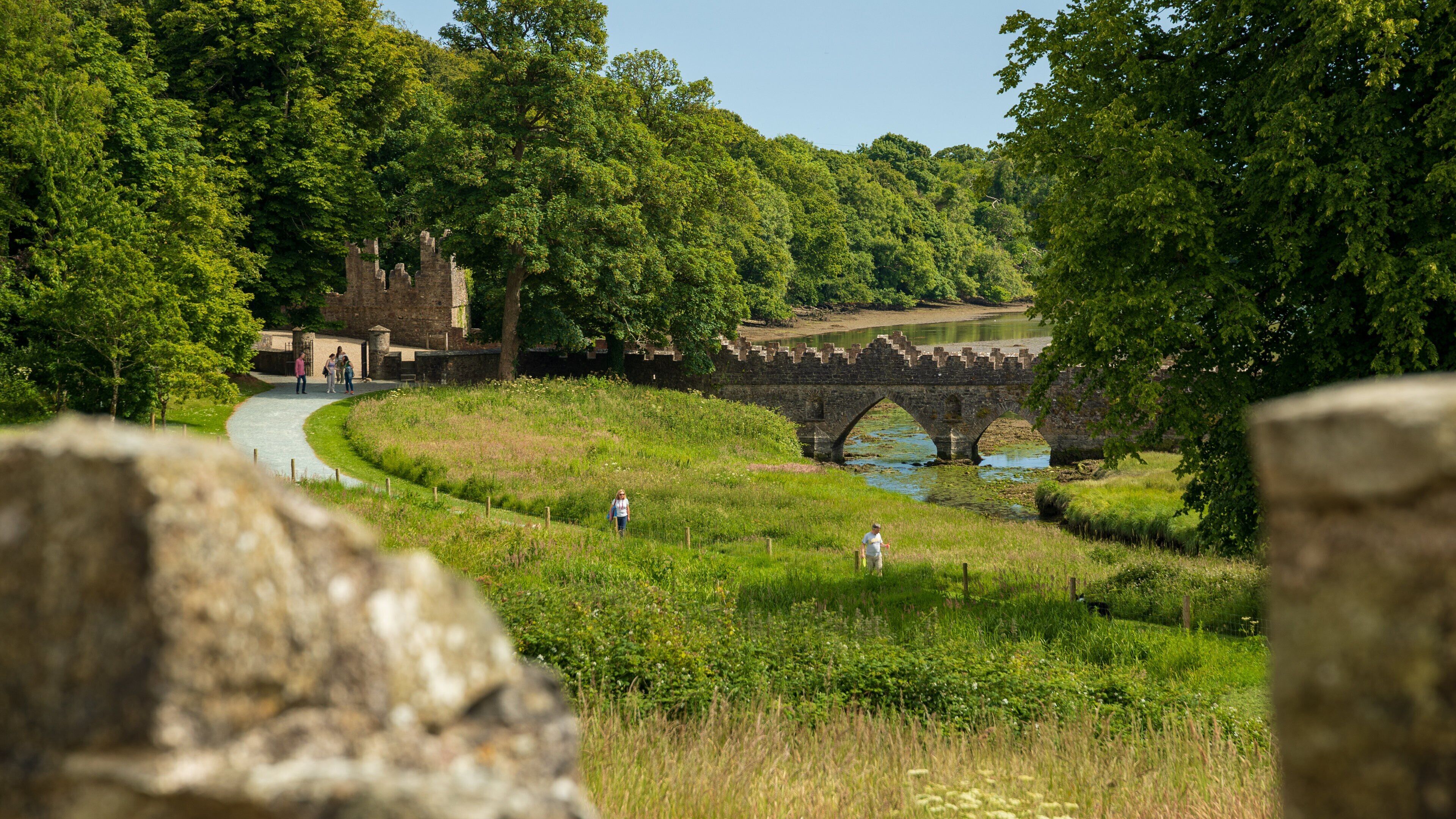 Tintern Abbey featuring a lake or waterhole, a bridge and a garden