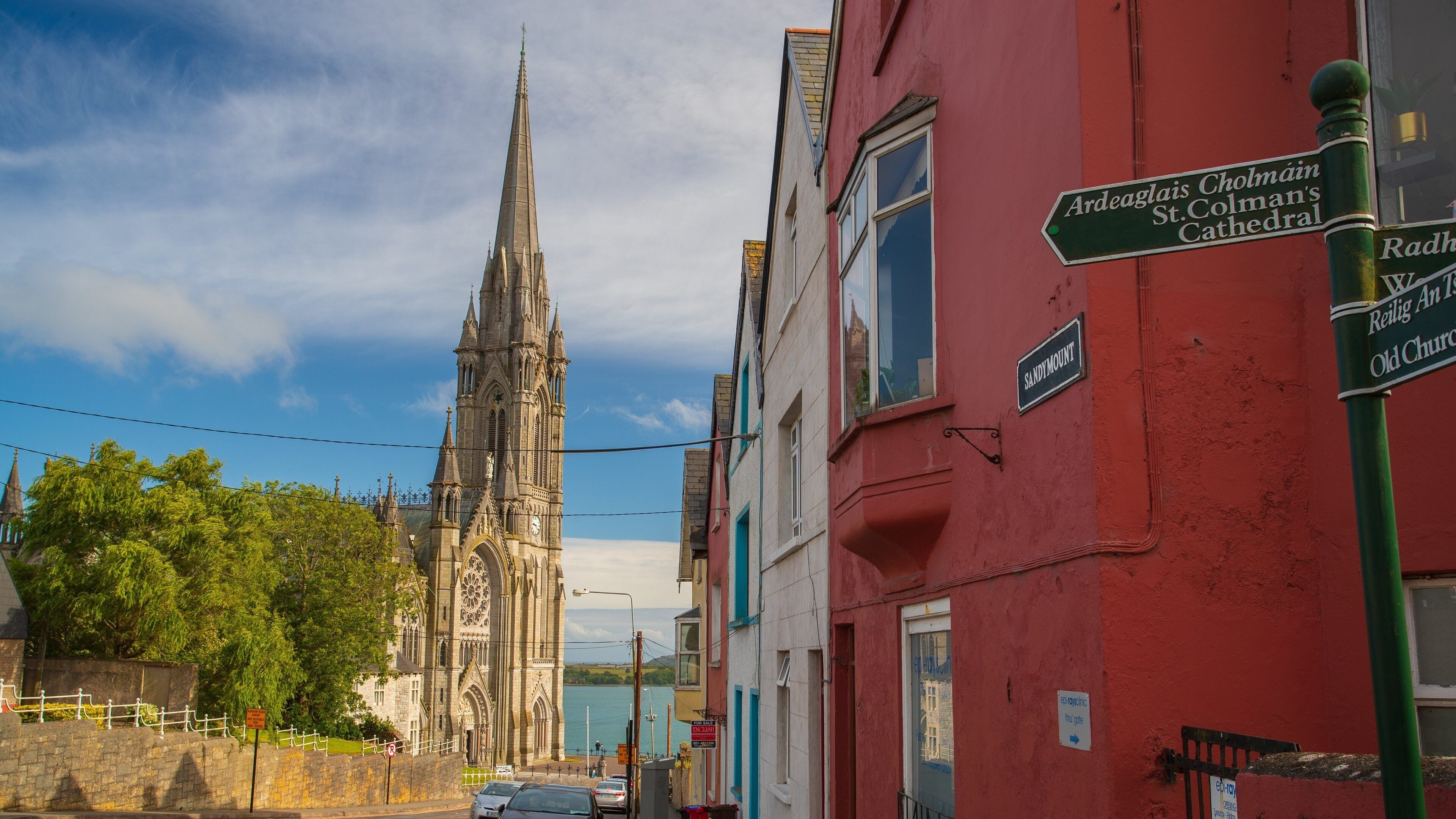 Cobh Cathedral showing heritage architecture, signage and a church or cathedral