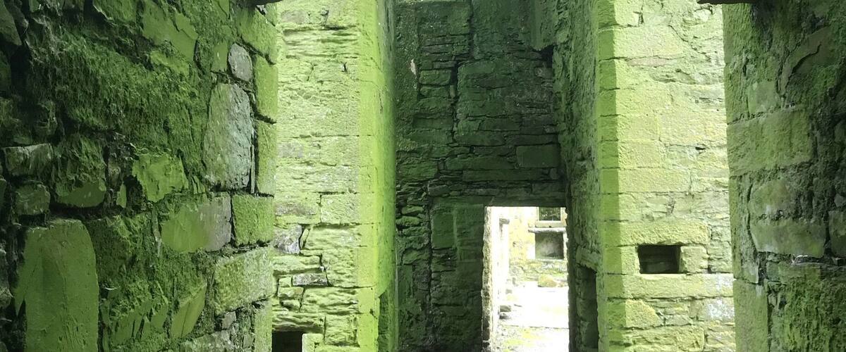 A dimly lit interior of a stone structure with moss-covered walls and a gravel floor.