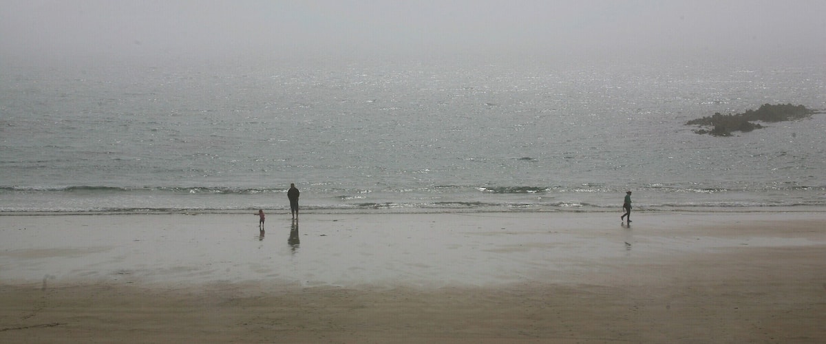 A foggy beach with a person standing and a child walking.