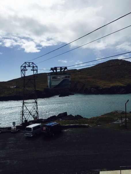 Cable car to Dursy Island. Ireland's only cable car. It's a wild ride in a small wooden car, get blown around by winds high in the air. Only six people live there permanently . This is how they get the sheep to mainland, so you might share a ride with one