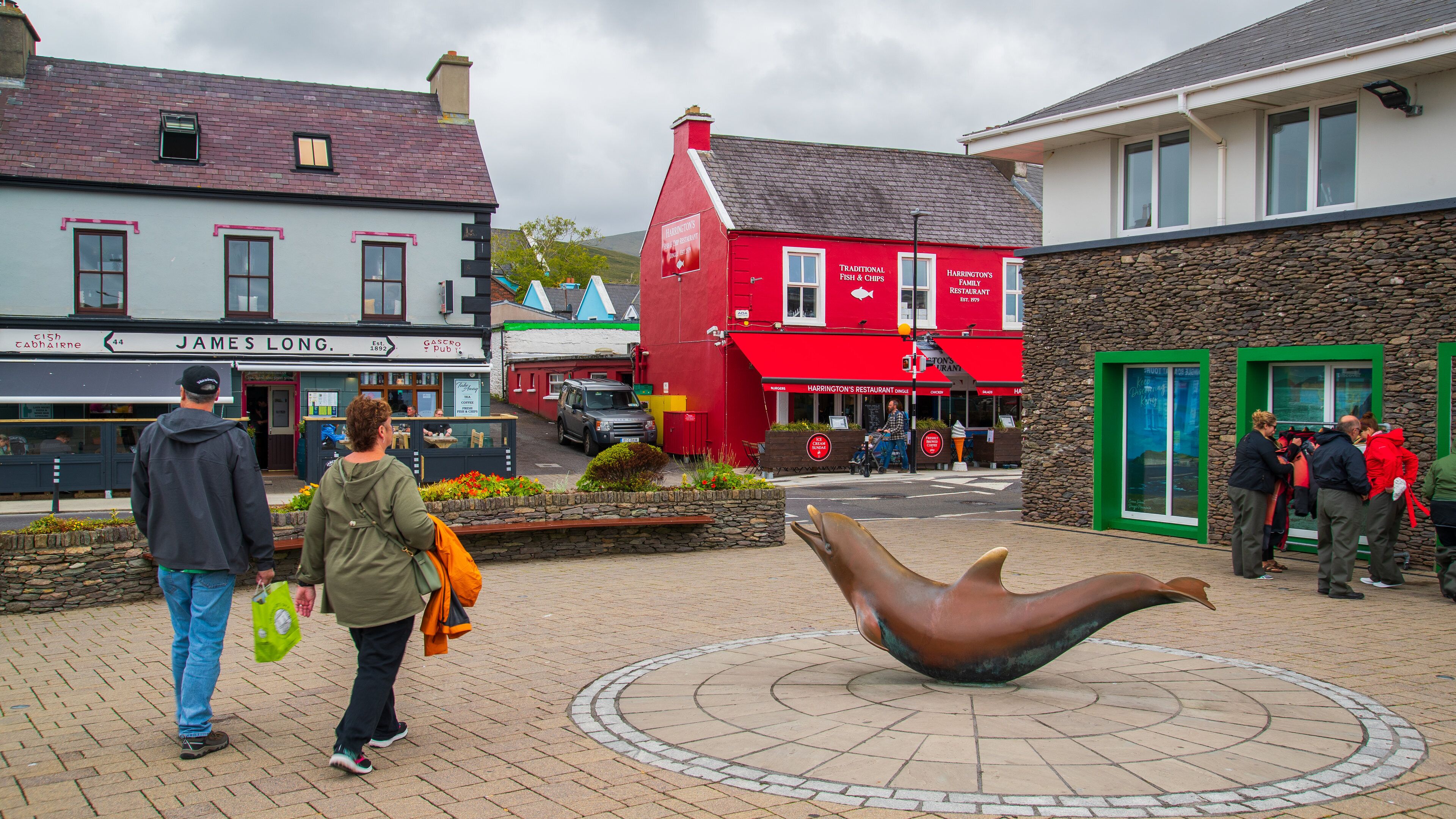 Dingle Harbour featuring street scenes and outdoor art as well as a couple