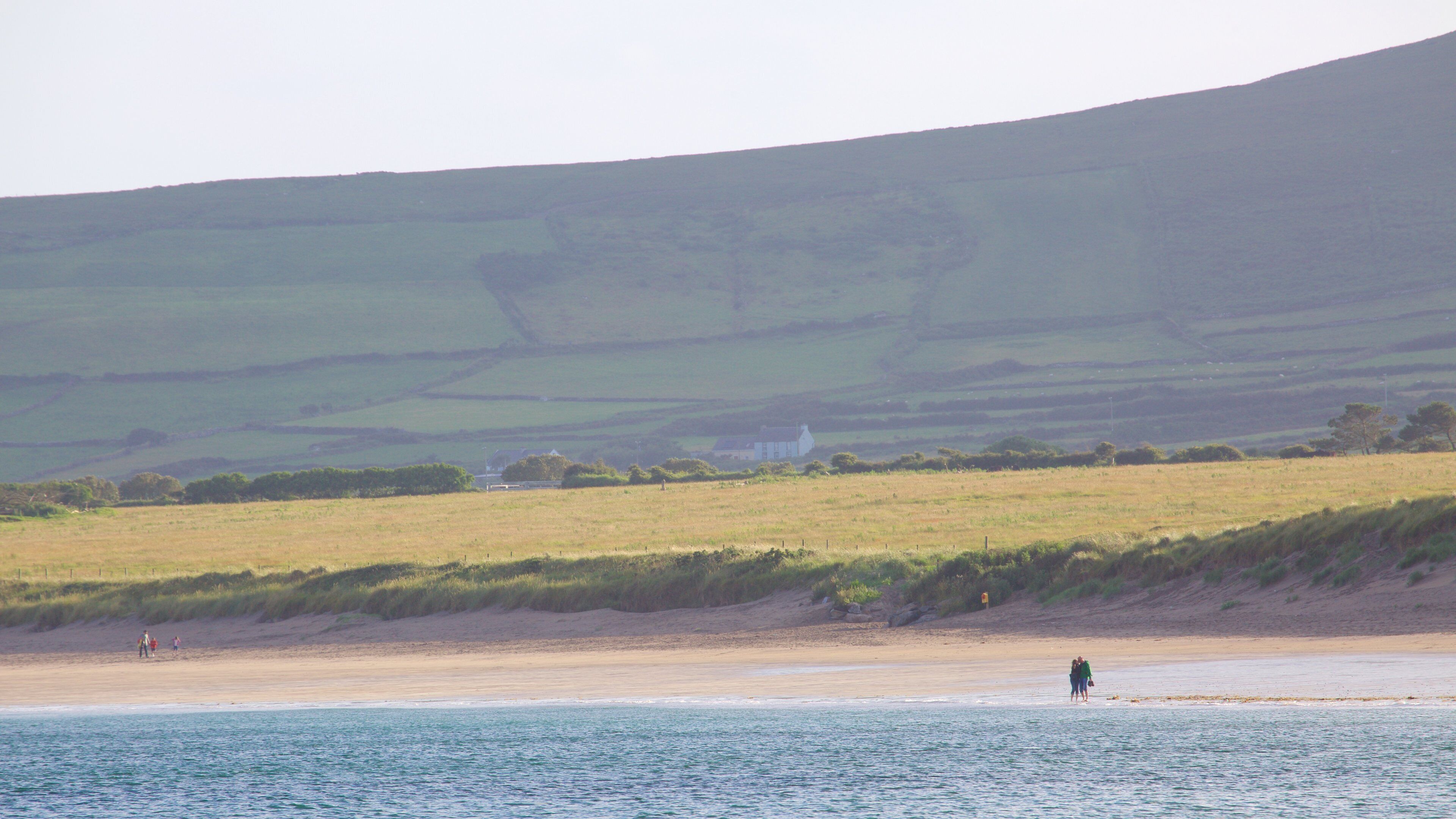 A coastal landscape with a sandy beach, grassy fields, and a hill in the background.