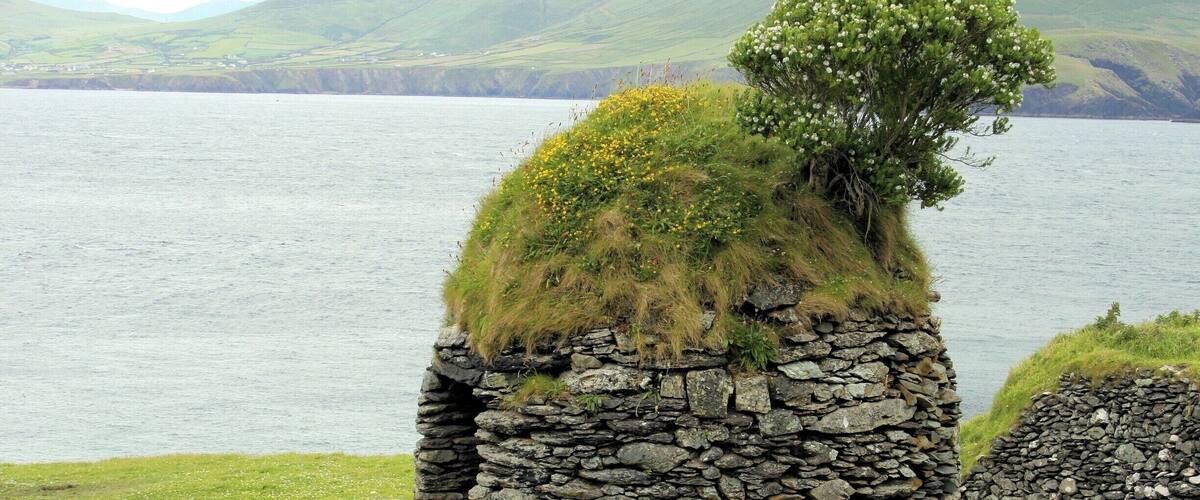 A stone structure with grass and a tree on a grassy hill by a body of water.