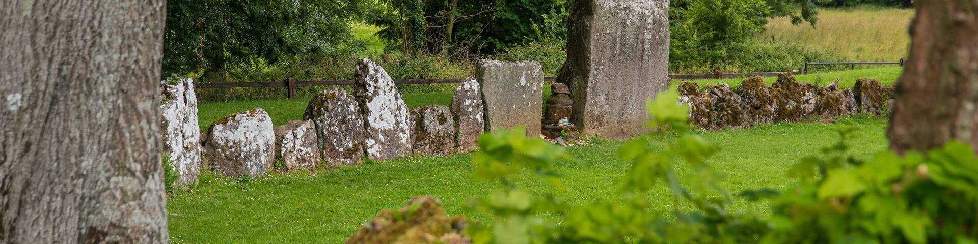 A stone circle with a tree in the foreground.