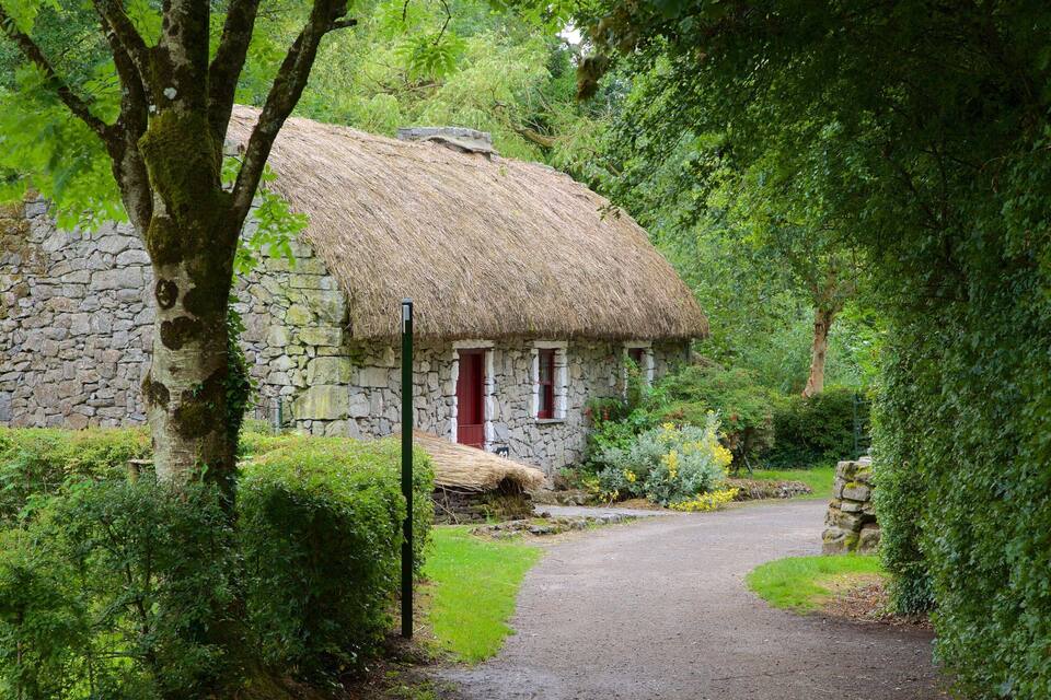 Une charmante maison en pierre avec un toit de chaume, entourée d’une végétation luxuriante et bordée d’un chemin de gravier.