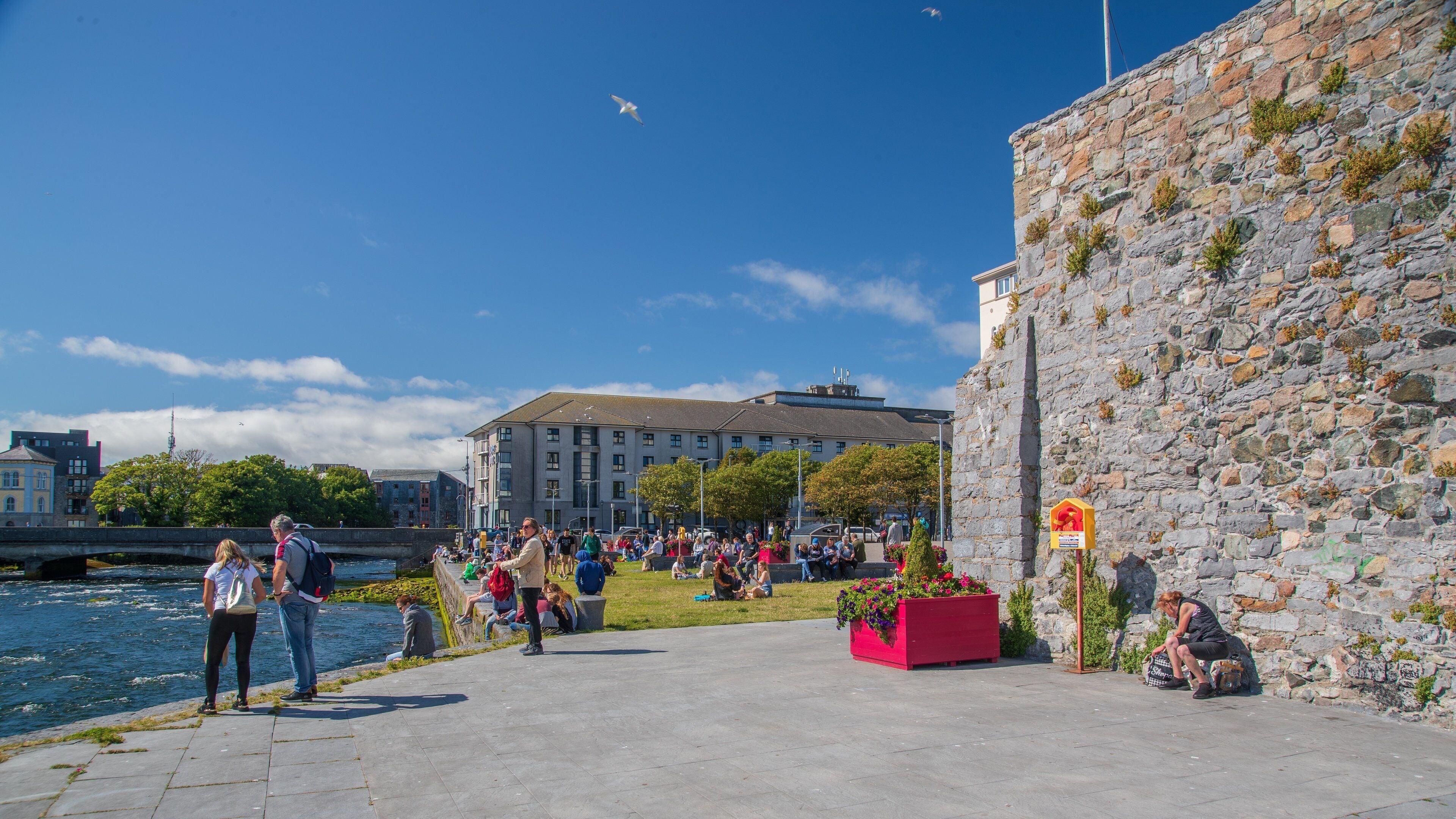 Spanish Arch showing a garden and a bay or harbor