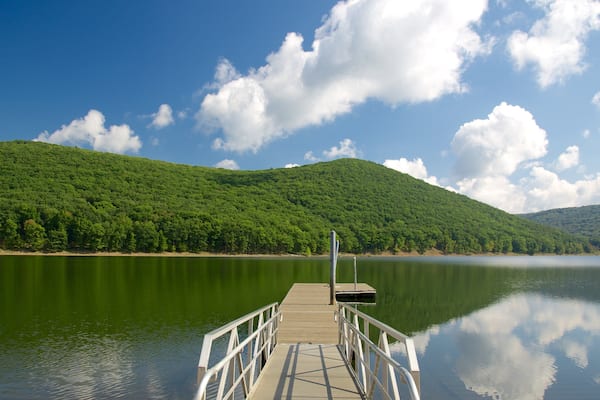 A calm lake with a wooden dock extending into the water, surrounded by lush green hills under a clear blue sky.