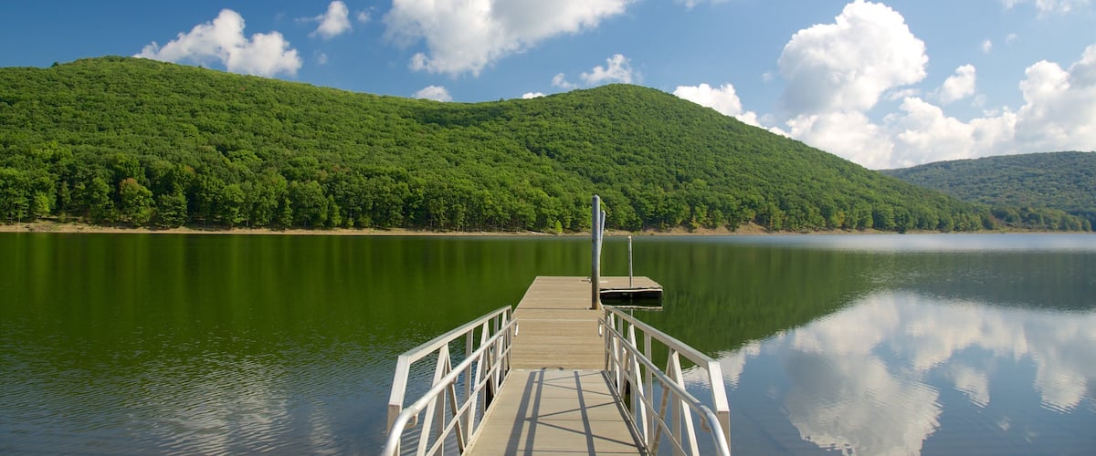 A calm lake with a wooden dock extending into the water, surrounded by lush green hills under a clear blue sky.