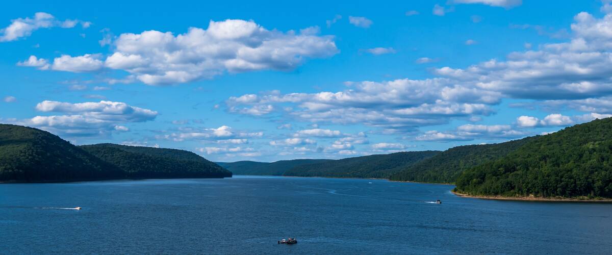 The Allegheny Reservoir in Warren County, Pennsylvania, USA behind Kinzua Dam on a sunny summer day
