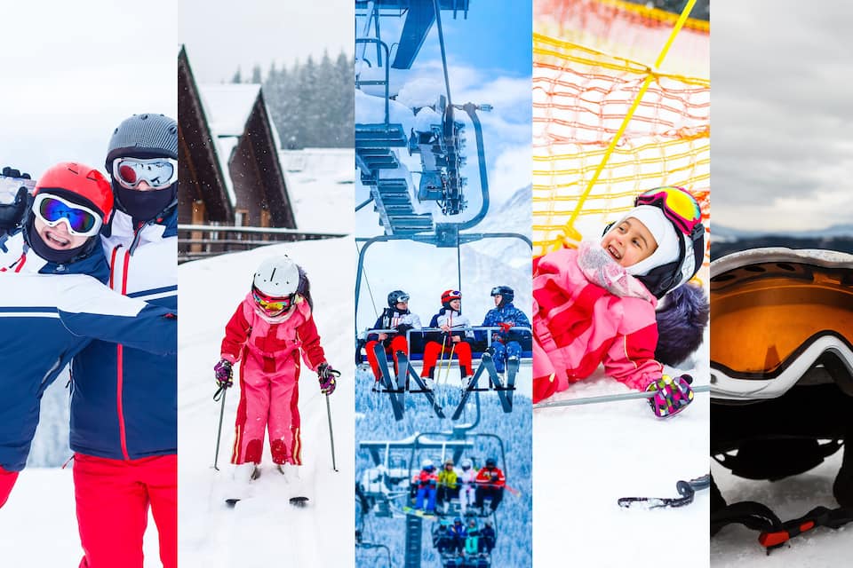 A ski lift, a snowy mountain, and a ski slope.