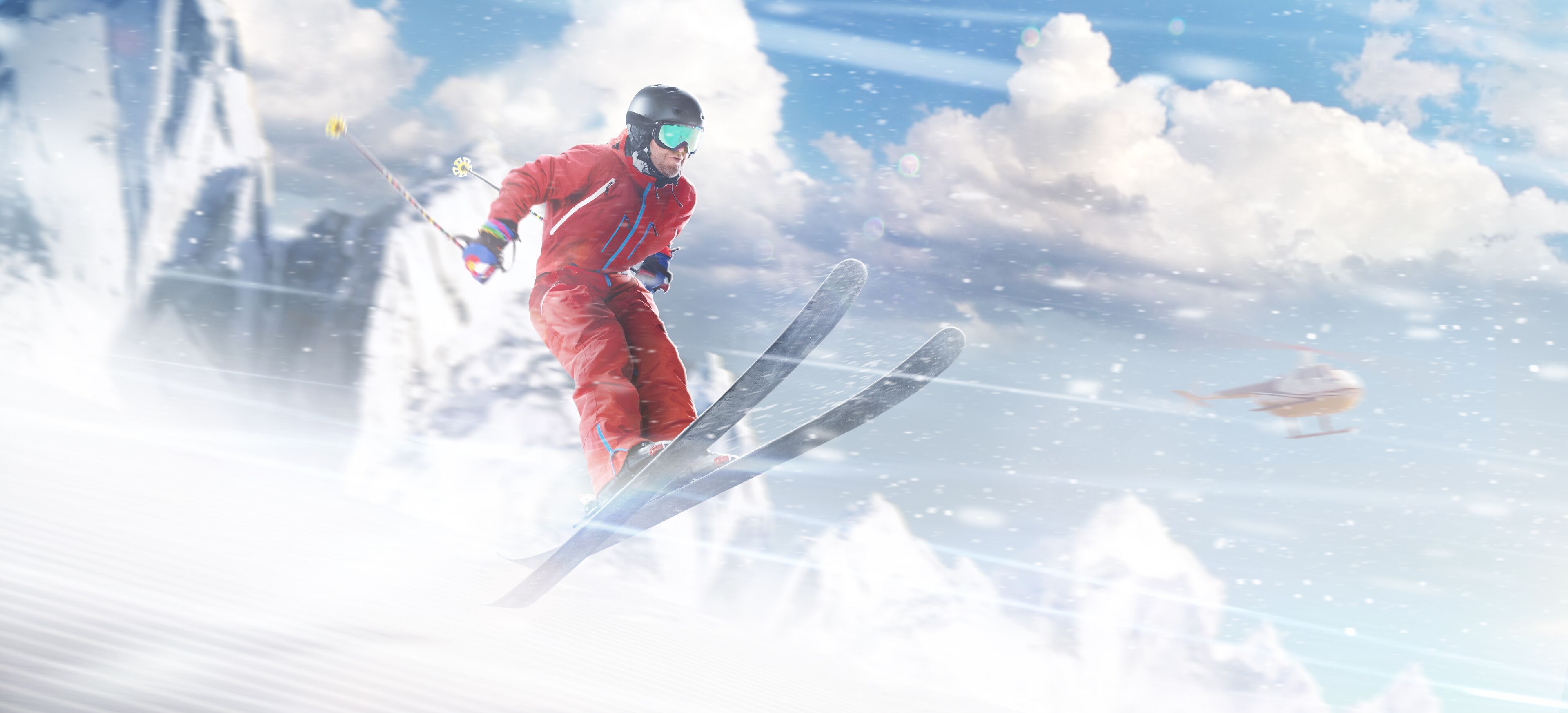 Skiing Man in action. Skis. Downhill. Rapid descent at high speed. Extreme sports. Heli skiing. Snow dust. In high mountains. Ski skiing in mountains