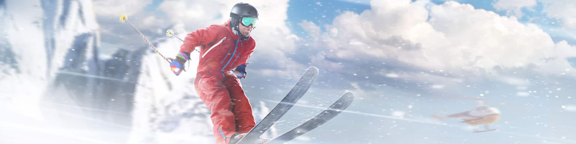 Skiing Man in action. Skis. Downhill. Rapid descent at high speed. Extreme sports. Heli skiing. Snow dust. In high mountains. Ski skiing in mountains