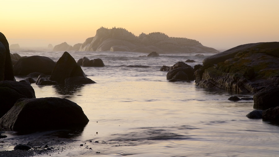 Cape Columbine Lighthouse which includes a sunset, rugged coastline and landscape views