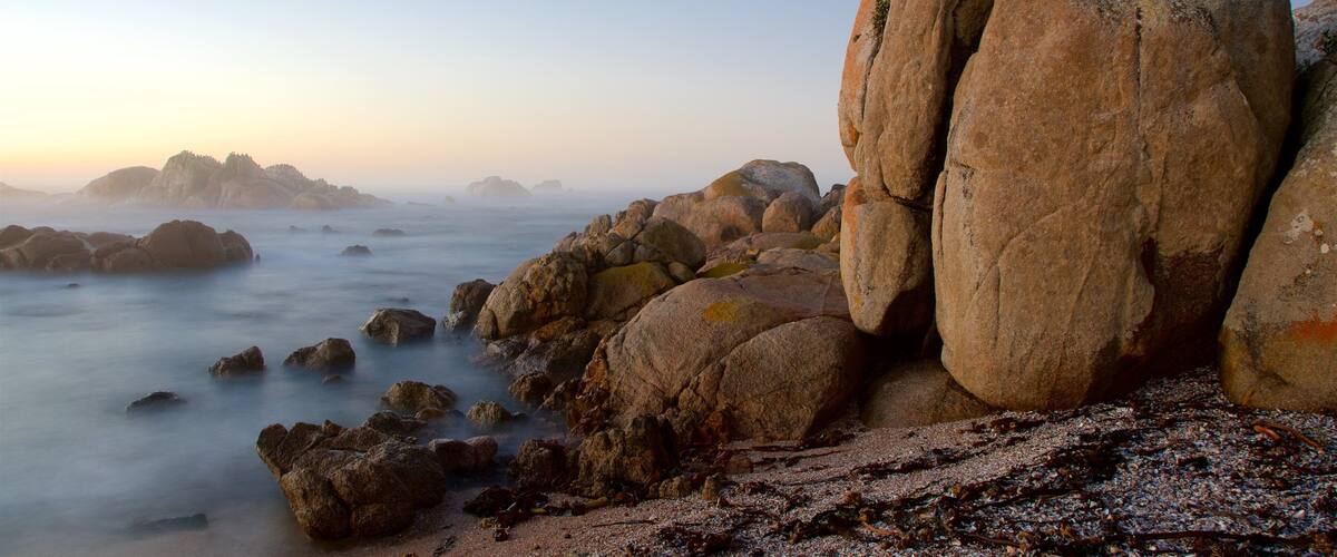 Phare de Cape Columbine montrant plage de galets, brume ou brouillard et cÎte escarpée