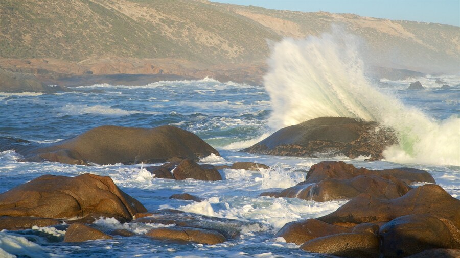 Cape Columbine Fyrtårn som omfatter barsk kystlinje og udsigt over landskaber