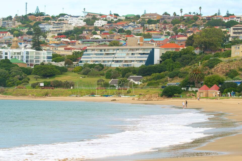 A coastal town with a beach, boats, and residential buildings.