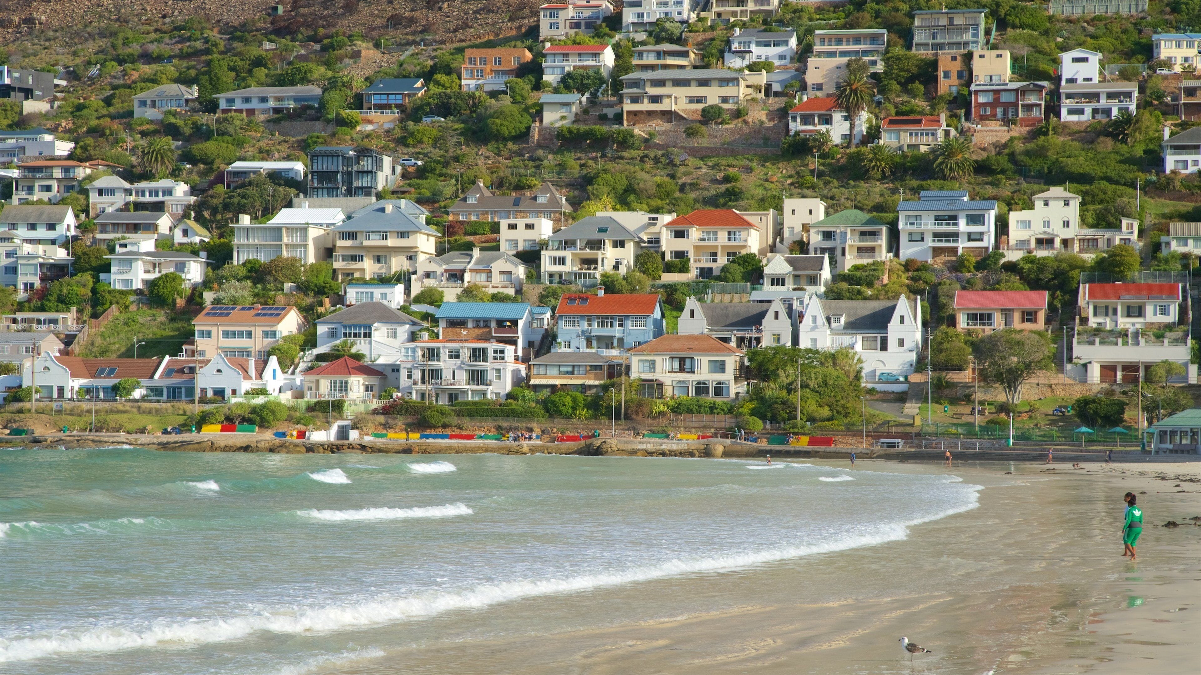 Fish Hoek Beach featuring a coastal town and a beach