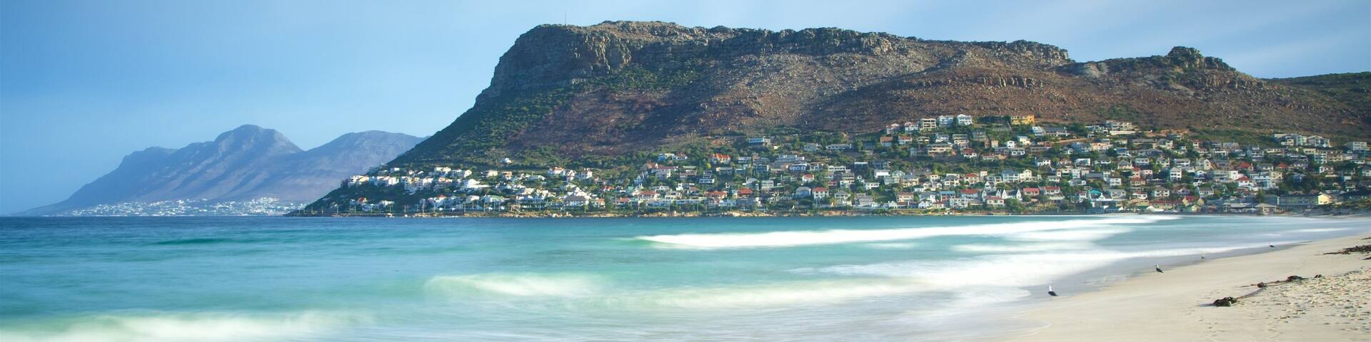 Fish Hoek Beach which includes a beach and a coastal town