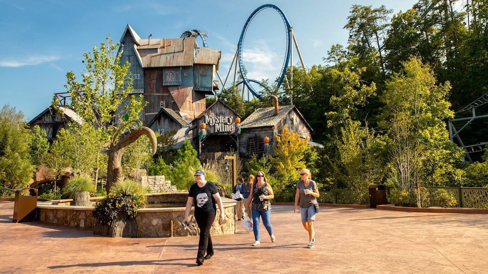 A wooden building labeled 'Mystery Mine' with a roller coaster in the background.