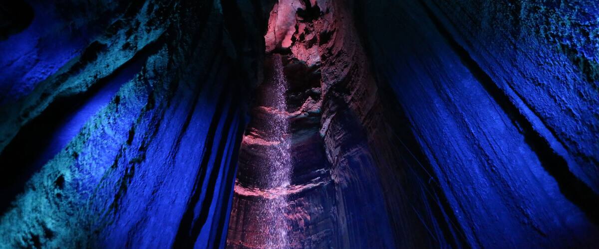 Colored lights on Ruby Falls in Tennessee