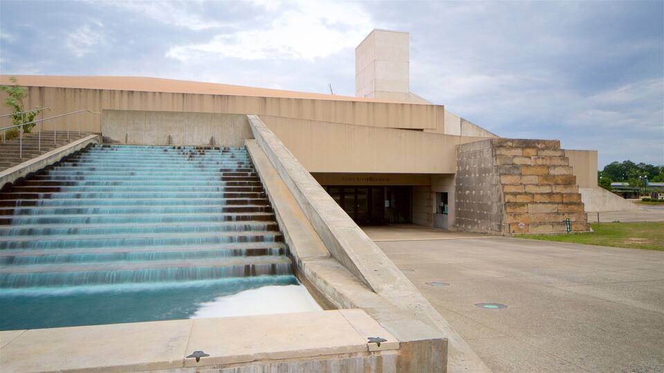 A concrete building with a staircase leading to a water feature.