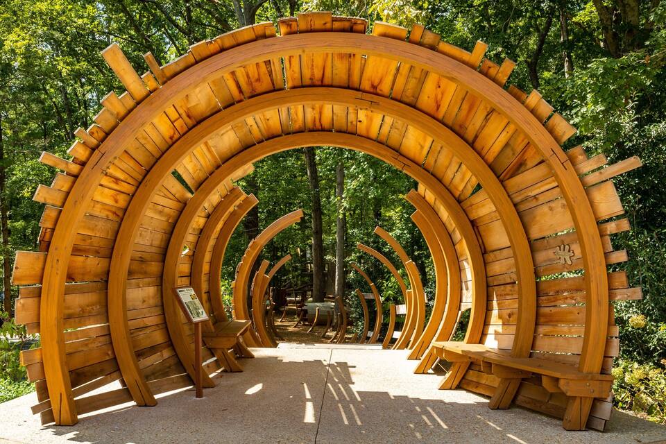 A wooden archway with benches, surrounded by trees.