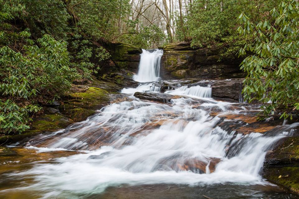 Una cascada se precipita sobre rocas en un área boscosa.
