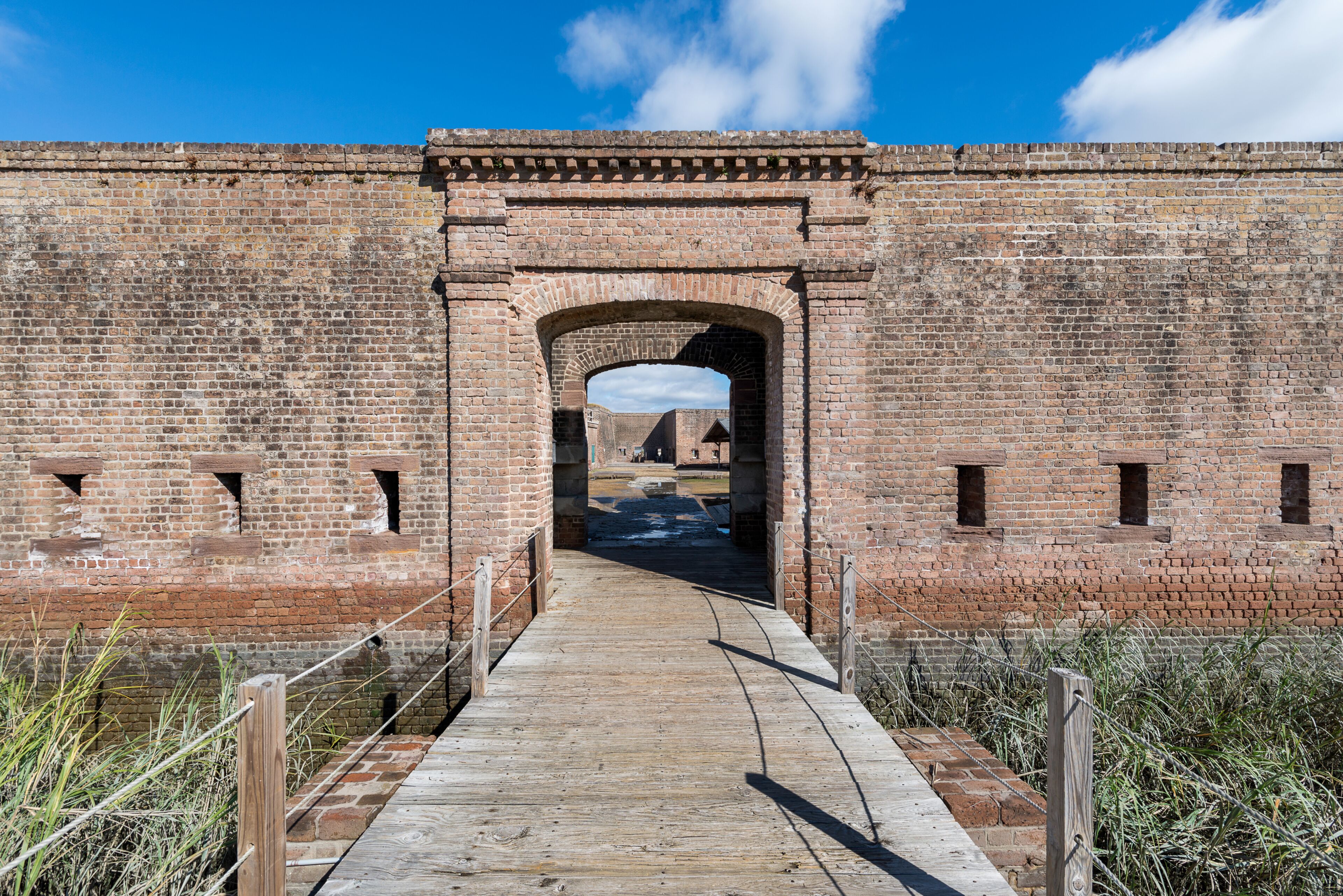 Drawbridge over moat to entrance to Old Fort Jackson in Savannah, Georgia
