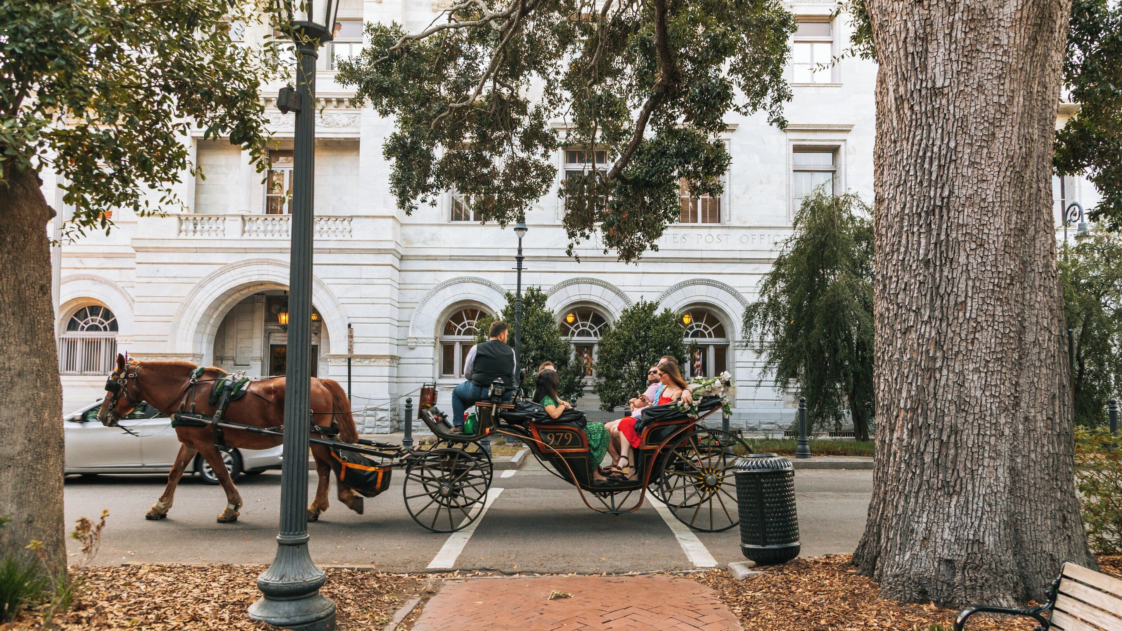 Historic downtown Savannah features a horse-drawn carriage passing through Wright Square, a charming area in the heart of Georgia, highlighting the beauty of this classic Southern city