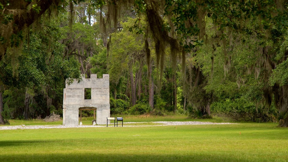 A stone structure resembling a castle in a lush, green park surrounded by tall trees and moss-covered branches.