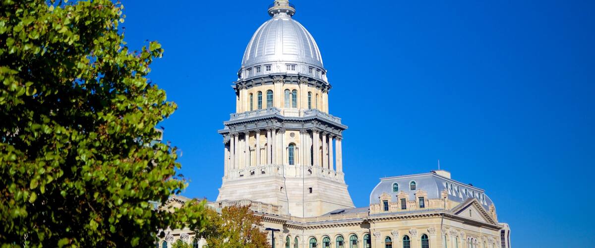 Illinois State Capitol que incluye arquitectura patrimonial, un edificio administrativo y elementos patrimoniales