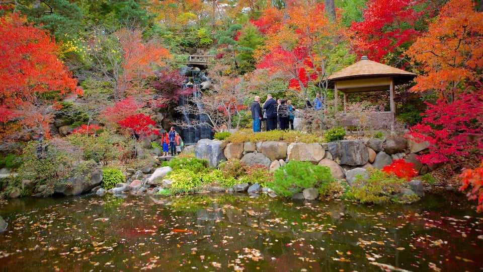 A serene garden with a waterfall, vibrant autumn foliage, and a traditional gazebo.