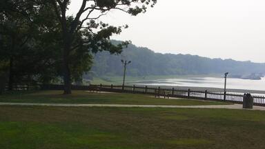 Fort Massac State Park showing mist or fog, a garden and a lake or waterhole