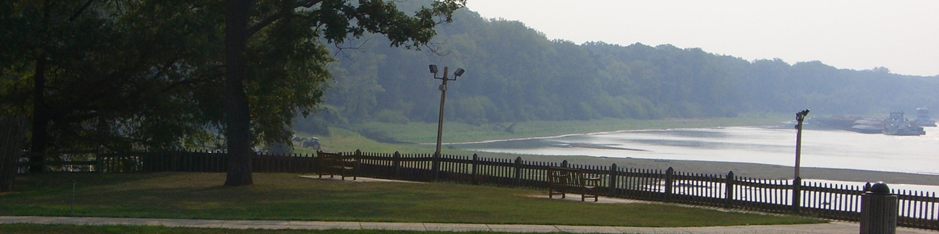 Fort Massac State Park showing mist or fog, a garden and a lake or waterhole